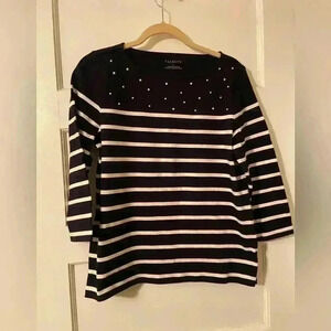 Talbots size medium top blue with faux pearls and blue and white stripes.